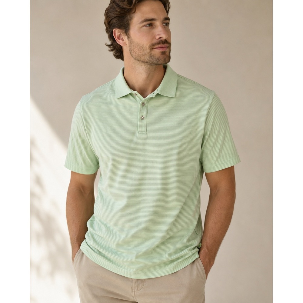 Tommy Bahama Polo Shirt Mens XL Green Striped Modal Blend Short Sleeve Preppy